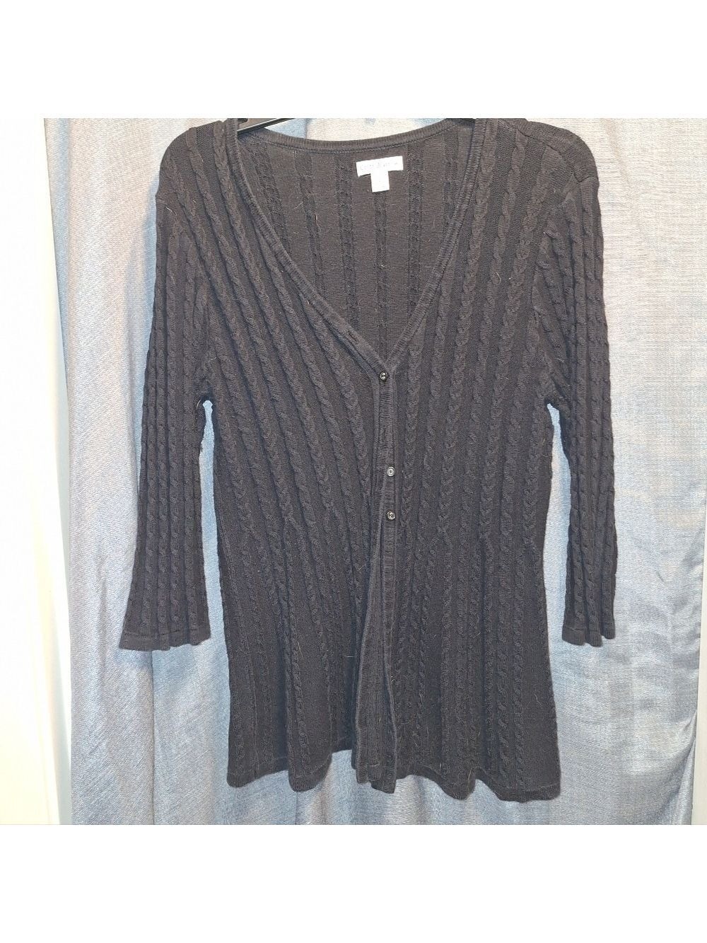 Black Cable Knit 3/4 Sleeve Cardigan Sweater Women's Large